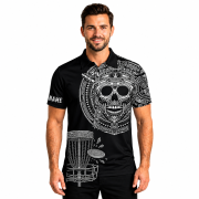 Skull Aztec Tribal Mayan Warrior Black White Custom Disc Golf Shirt - Image 2