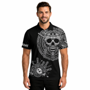 Skull Aztec Tribal Mayan Warrior Black White Custom Bowling Shirt - Image 2