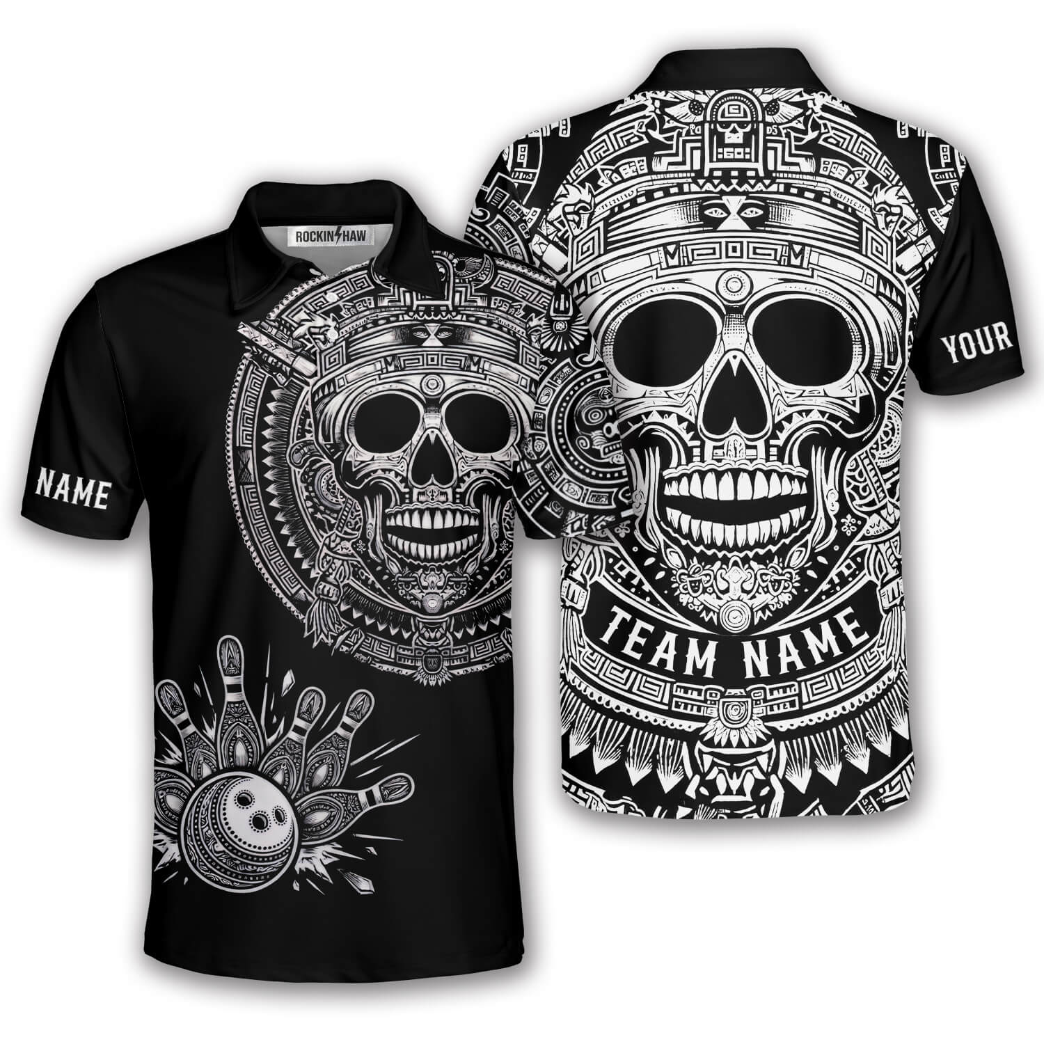 Skull Aztec Tribal Mayan Warrior Black White Custom Bowling Shirt #409PRM20260525 Mockup FB Skull Aztec Tribal Mayan Warrior Black White Custom Bowling Shirt - Image 1