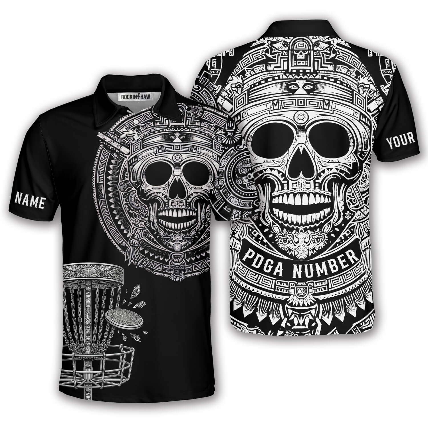 Skull Aztec Tribal Mayan Warrior Black White Custom Bowling Shirt #415PRM20260526 Mockup FB Skull Aztec Tribal Mayan Warrior Black White Custom Disc Golf Shirt - Image 1