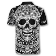 Skull Aztec Tribal Mayan Warrior Black White Custom Disc Golf Shirt - Image 4
