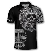 Skull Aztec Tribal Mayan Warrior Black White Custom Disc Golf Shirt - Image 3