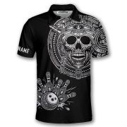 Skull Aztec Tribal Mayan Warrior Black White Custom Bowling Shirt - Image 3
