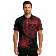 Skull Aztec Tribal Mayan Warrior Red Black Custom Bowling Shirt - Image 2