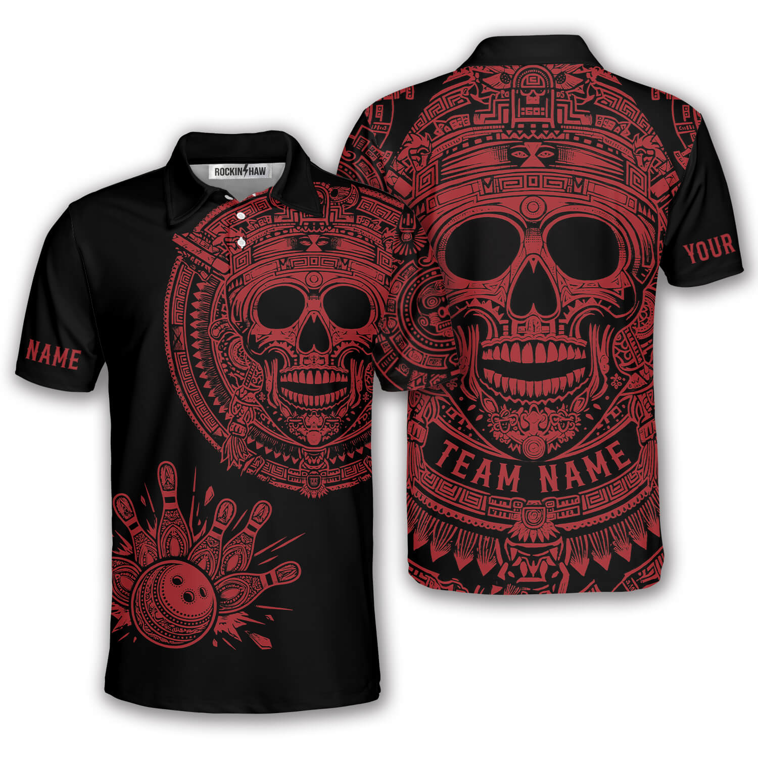 Skull Aztec Tribal Mayan Warrior Red Black Custom Bowling Shirt #410PRM20260525 Mockup FB Skull Aztec Tribal Mayan Warrior Red Black Custom Bowling Shirt - Image 1