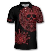 Skull Aztec Tribal Mayan Warrior Red Black Custom Bowling Shirt - Image 3