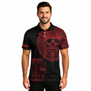 Skull Aztec Tribal Mayan Warrior Red Black Custom Disc Golf Shirt - Image 2