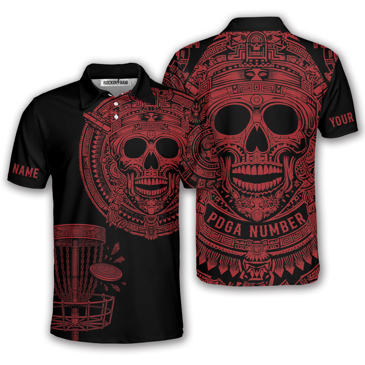 Skull Aztec Tribal Mayan Warrior Red Black Custom Disc Golf Shirt #417PRM20260526 Mockup FB Skull Aztec Tribal Mayan Warrior Red Black Custom Disc Golf Shirt - Image 1