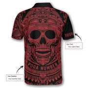 Skull Aztec Tribal Mayan Warrior Red Black Custom Disc Golf Shirt - Image 5