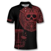 Skull Aztec Tribal Mayan Warrior Red Black Custom Disc Golf Shirt - Image 3