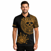 Skull Aztec Tribal Mayan Warrior Yellow Black Custom Bowling Shirt - Image 2