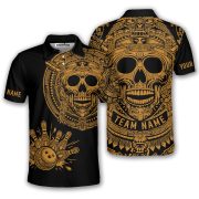Skull Aztec Tribal Mayan Warrior Yellow Black Custom Bowling Shirt