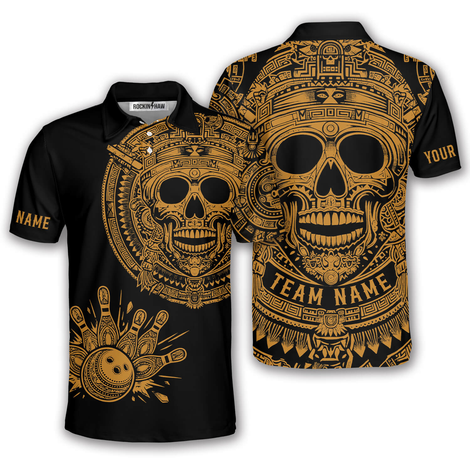 Skull Aztec Tribal Mayan Warrior Yellow Black Custom Bowling Shirt #408PRM20260525 Mockup FB Skull Aztec Tribal Mayan Warrior Yellow Black Custom Bowling Shirt - Image 1