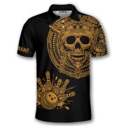 Skull Aztec Tribal Mayan Warrior Yellow Black Custom Bowling Shirt - Image 3