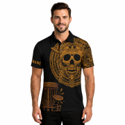 Skull Aztec Tribal Mayan Warrior Yellow Black Custom Disc Golf Shirt - Image 2