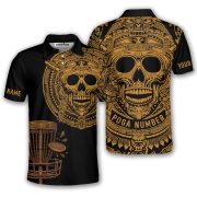 Skull Aztec Tribal Mayan Warrior Yellow Black Custom Disc Golf Shirt