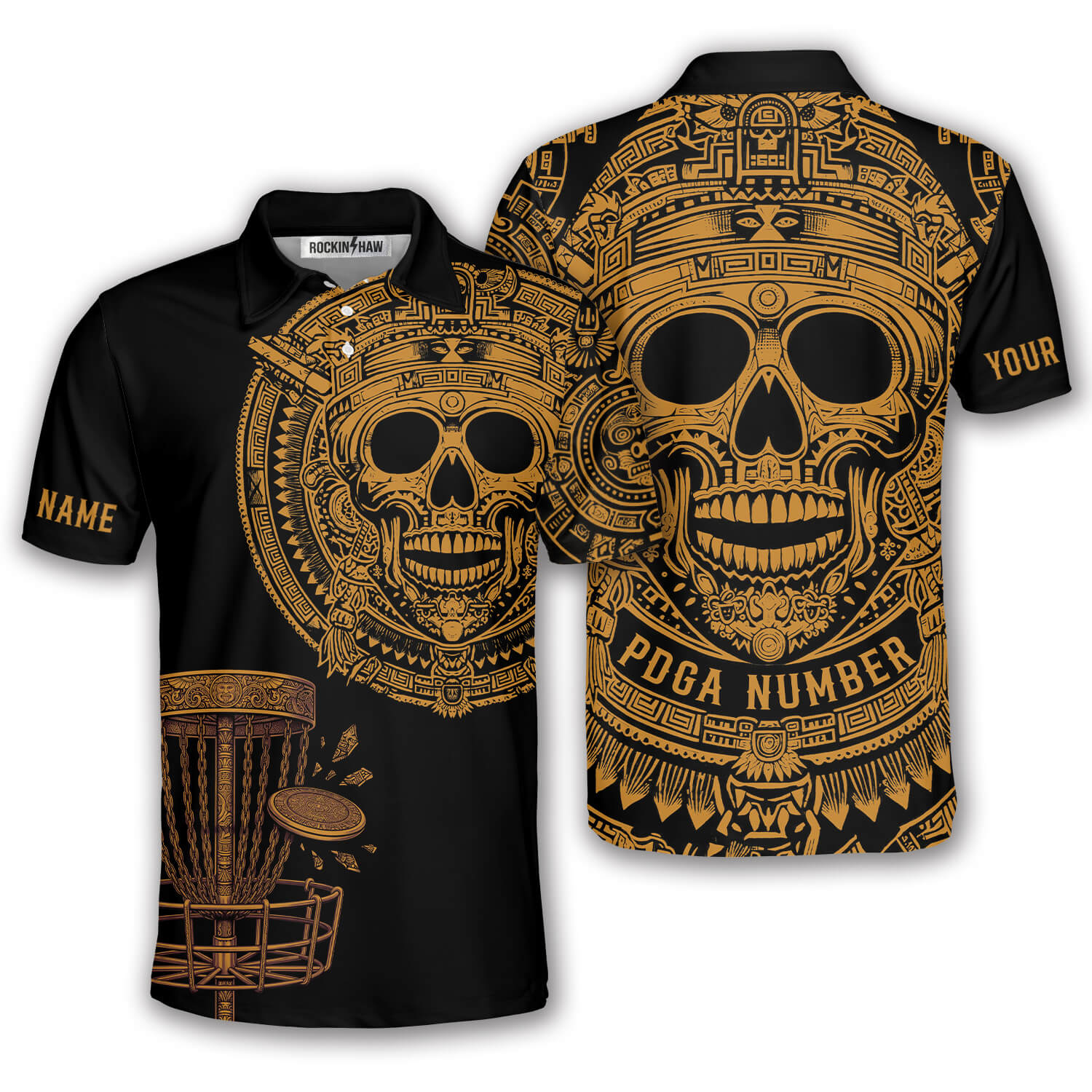 Skull Aztec Tribal Mayan Warrior Yellow Black Custom Disc Golf Shirt #414PRM20260526 Mockup FB Skull Aztec Tribal Mayan Warrior Yellow Black Custom Disc Golf Shirt - Image 1