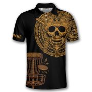 Skull Aztec Tribal Mayan Warrior Yellow Black Custom Disc Golf Shirt - Image 3