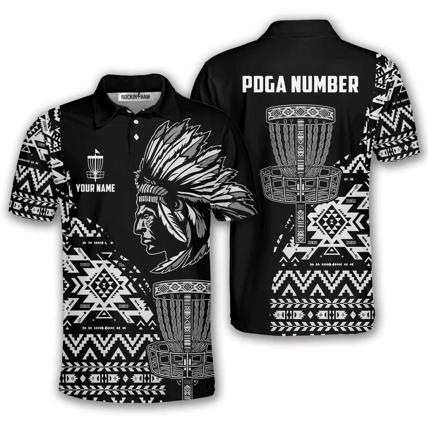 Tribe Design Native American Black Background Custom Disc Golf Shirt #385PRM20260519 Mockup FB Tribe Design Native American Black Background Custom Disc Golf Shirt - Image 1