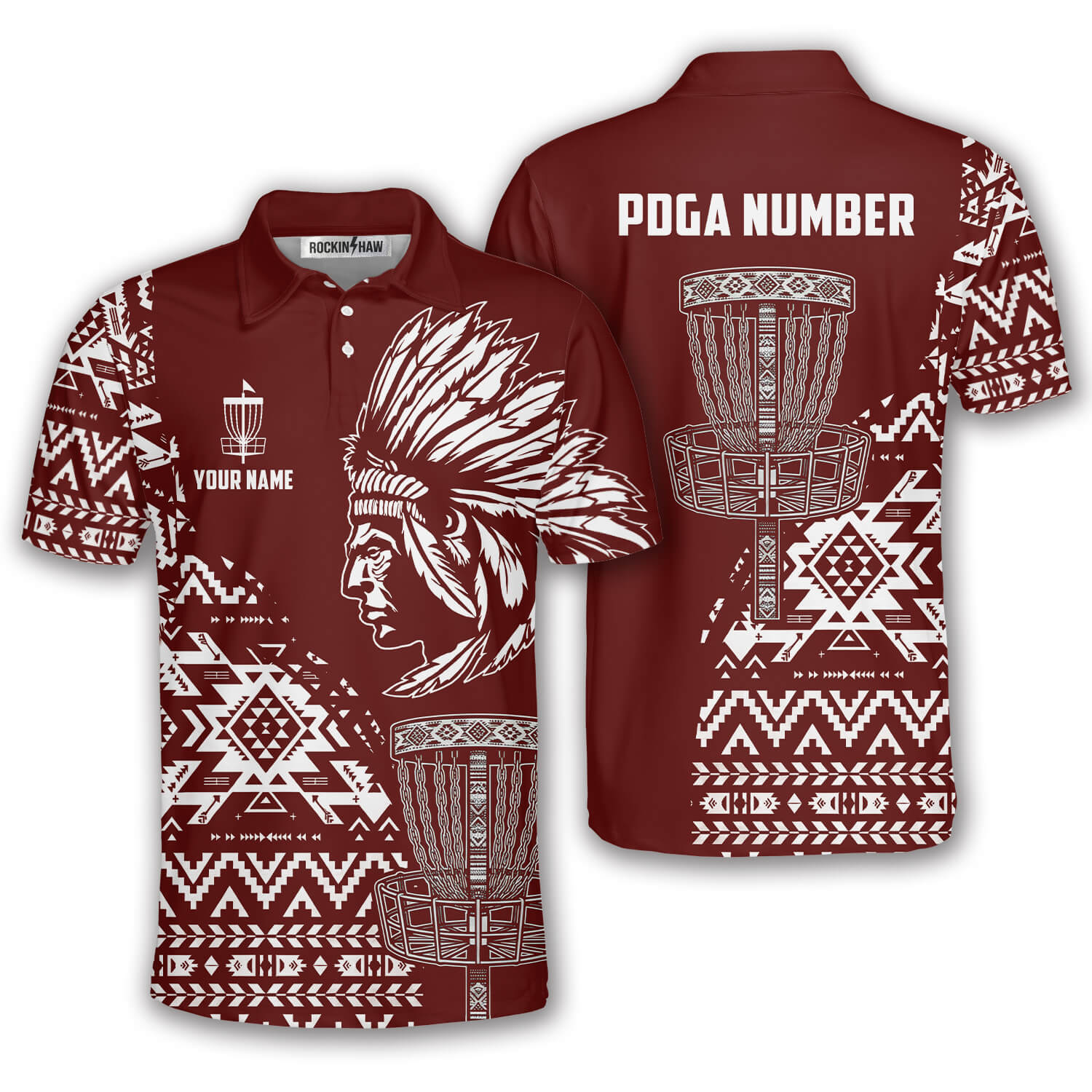 Tribe Design Native American Red Background Custom Disc Golf Shirt #397PRM20260520 Mockup FB Tribe Design Native American Red Background Custom Disc Golf Shirt - Image 1