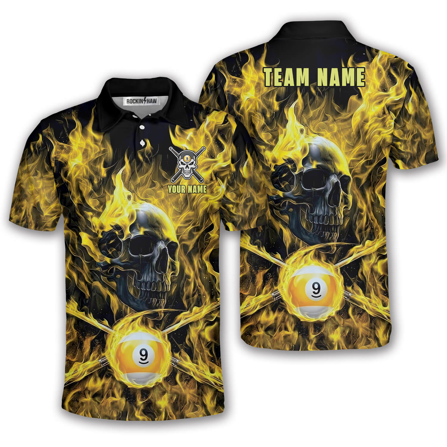 Yellow Fire Flame Punisher Skull 9 Ball Billiard Custom Pool Shirt #356PRM20260504 Mockup FB Yellow Fire Flame Punisher Skull 9 Ball Billiard Custom Pool Shirt - Image 1