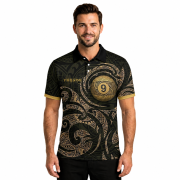 9 Ball Pool Gold Polynesian Tribal Pattern Custom Billiards Shirt - Image 2