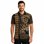 Pool Hawaiian Map Kakau Style Gold Custom Bowling Shirt - Image 2