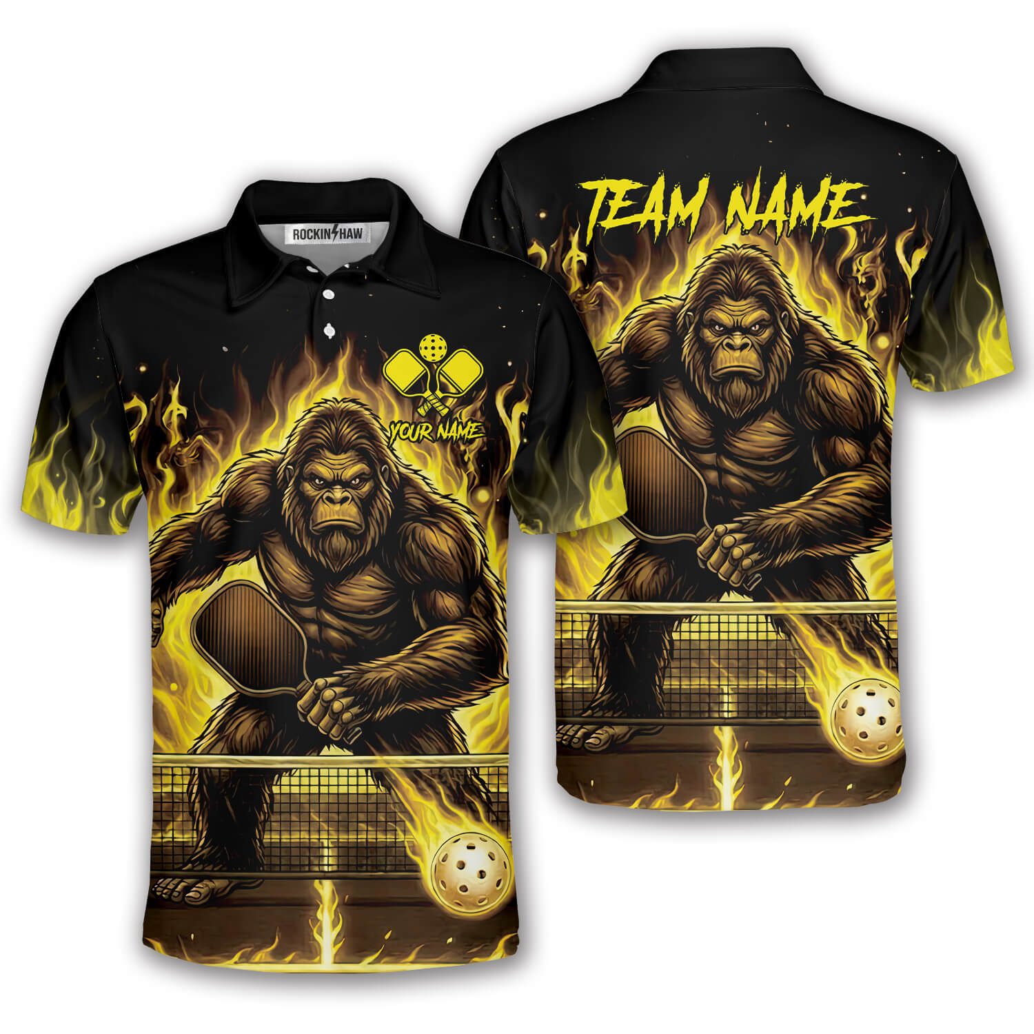 Bigfoot Ghostly Yellow Fire Flame Sasquatch Custom Pickleball Shirt #457PRM20260610 Mockup FB Bigfoot Ghostly Yellow Fire Flame Sasquatch Custom Pickleball Shirt - Image 1