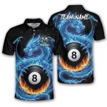 Blue Fire Dragon Holding 8 Ball Billiards Custom Pool Shirt