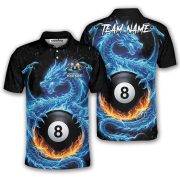 Blue Fire Dragon Holding 8 Ball Billiards Custom Pool Shirt
