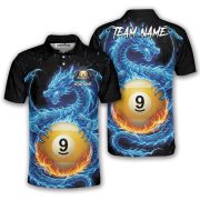 Blue Fire Dragon Holding 9 Ball Billiards Custom Pool Shirt