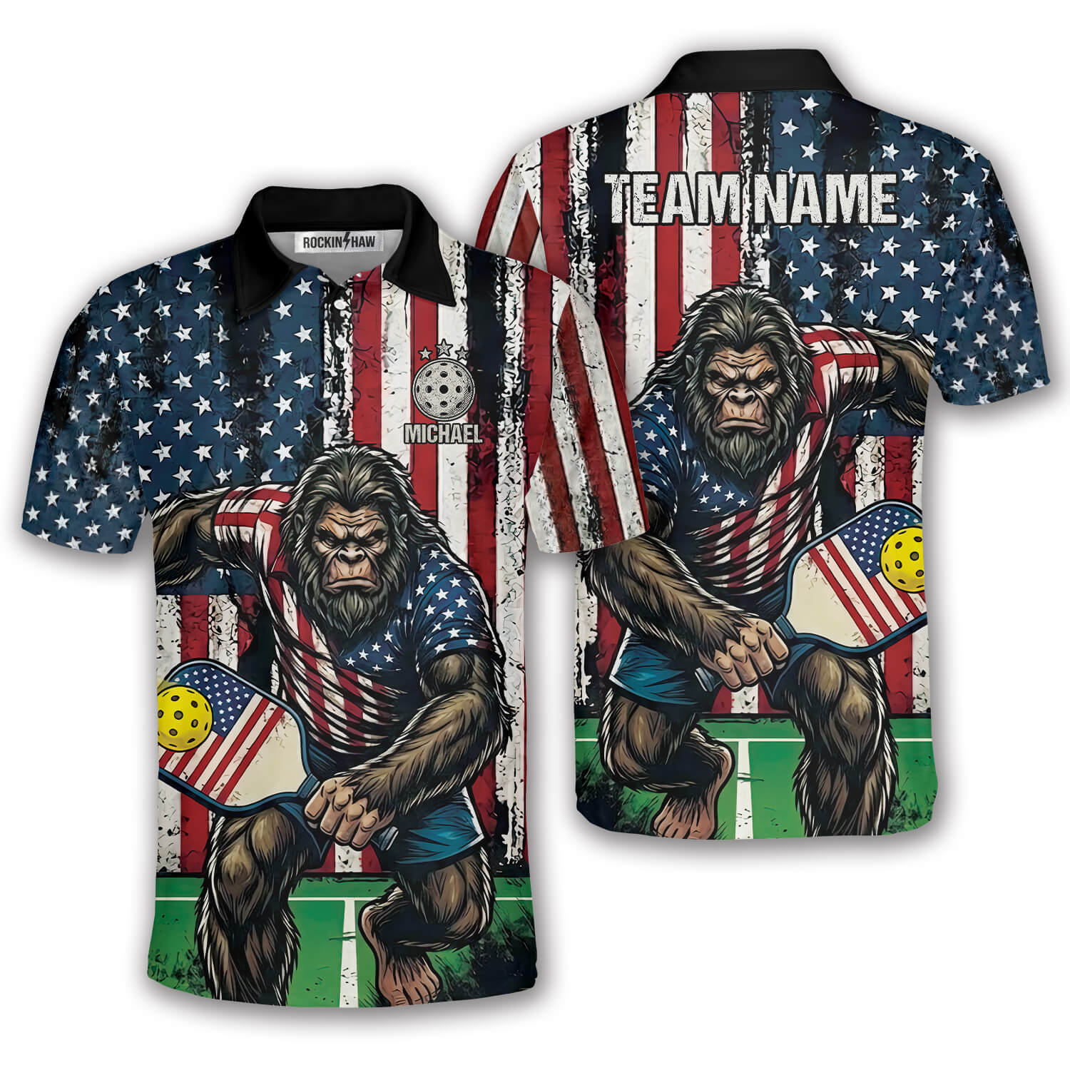 Funny Bigfoot Grunge USA Flag Custom Pickleball Shirt #464PRM20260610 Mockup FB Funny Bigfoot Grunge USA Flag Custom Pickleball Shirt - Image 1