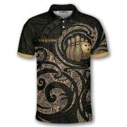 Gold Polynesian Tribal Pattern Bowling Strike Custom Bowling Shirt - Image 3