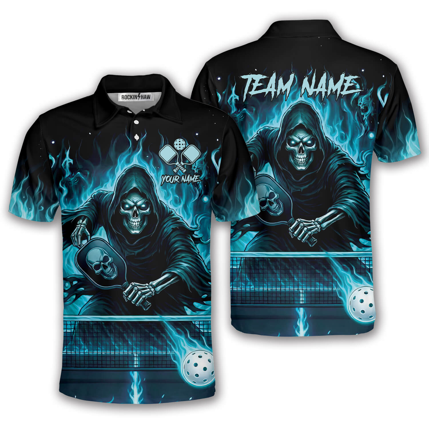 Grim Reaper Blue Ghostly Fire Flame Skull Custom Pickleball Shirt #451PRM20260605 Mockup FB Grim Reaper Blue Ghostly Fire Flame Skull Custom Pickleball Shirt - Image 1