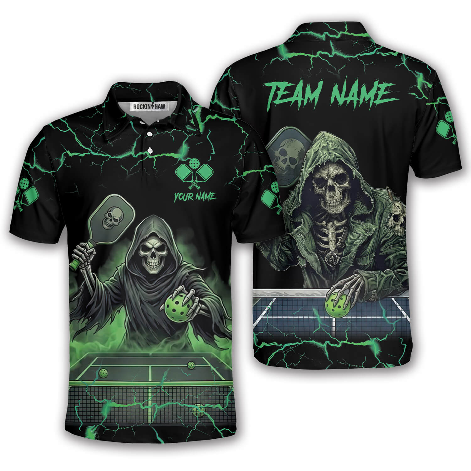 Grim Reaper Green Lightnings Skull Custom Pickleball Shirt #455PRM20260608 Mockup FB Grim Reaper Green Lightnings Skull Custom Pickleball Shirt - Image 1