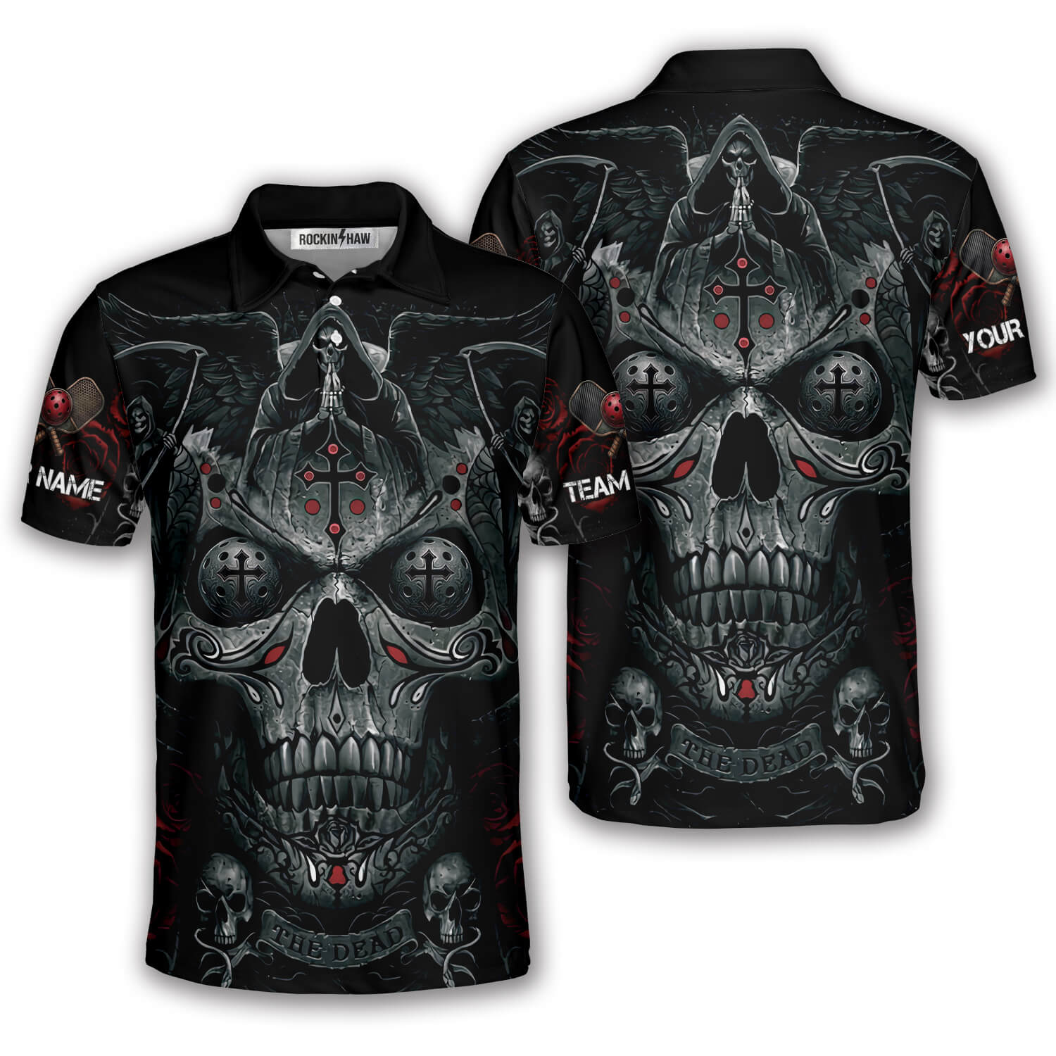 Grim Reaper Praying Cross Skull Custom Pickleball Shirt #452PRM20260608 Mockup FB Grim Reaper Praying Cross Skull Custom Pickleball Shirt - Image 1