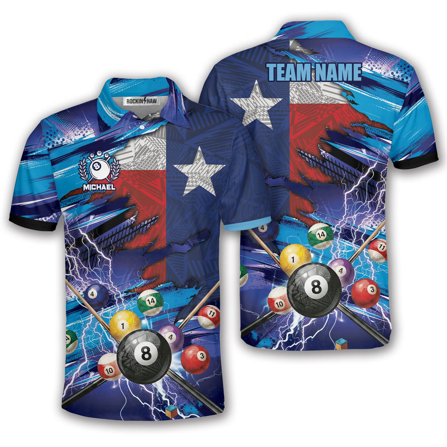 Texas Flag Blue Lightning 8 Ball Billiard Custom Pool Shirt #427PRM20260528 Mockup FB Texas Flag Blue Lightning 8 Ball Billiard Custom Pool Shirt - Image 1