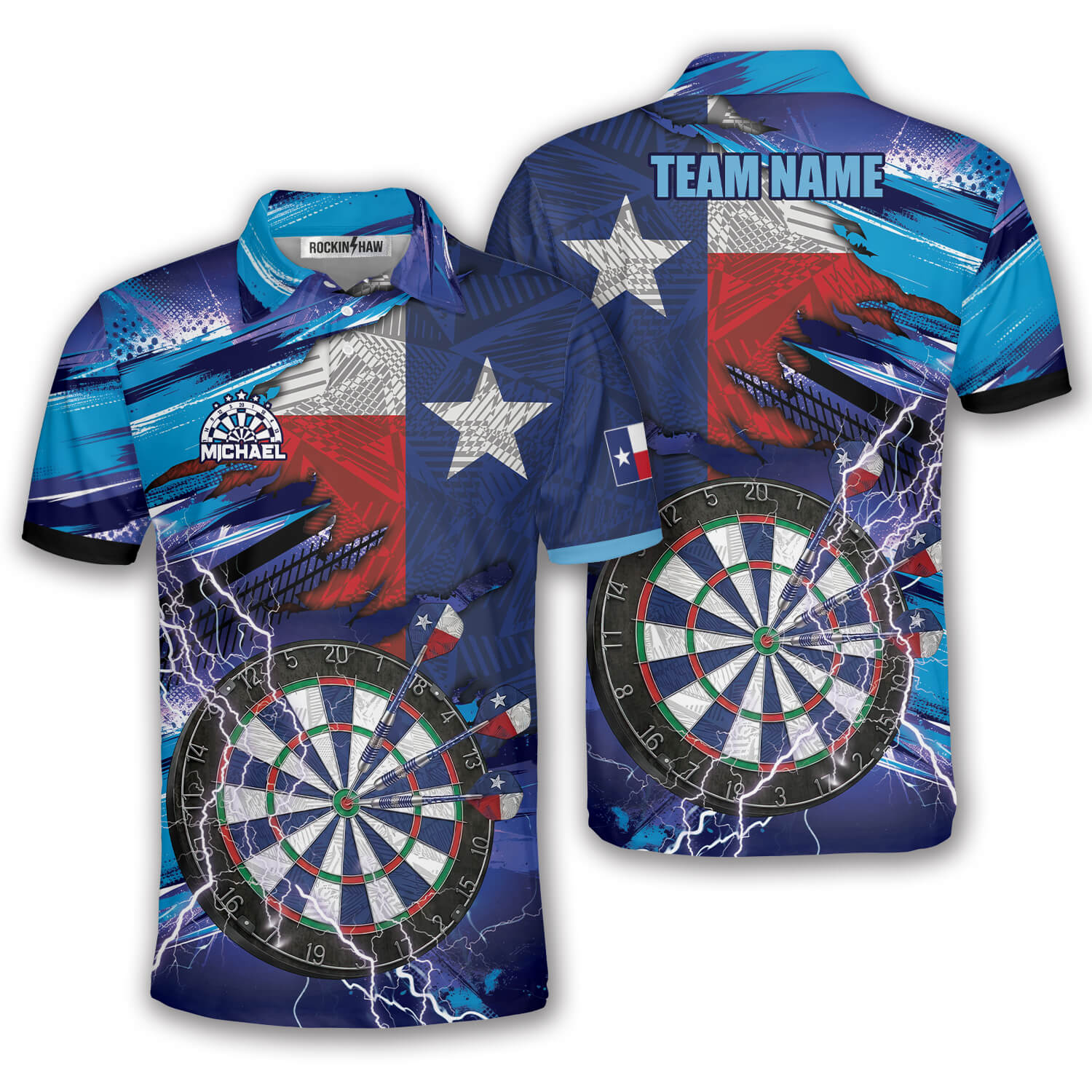 Texas Flag Blue Lightning Dartboard Custom Darts Shirt #432PRM20260601 Mockup FB Texas Flag Blue Lightning Dartboard Custom Darts Shirt - Image 1