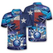 Texas Flag Blue Lightning Design Bowling Strike Custom Bowling Shirt