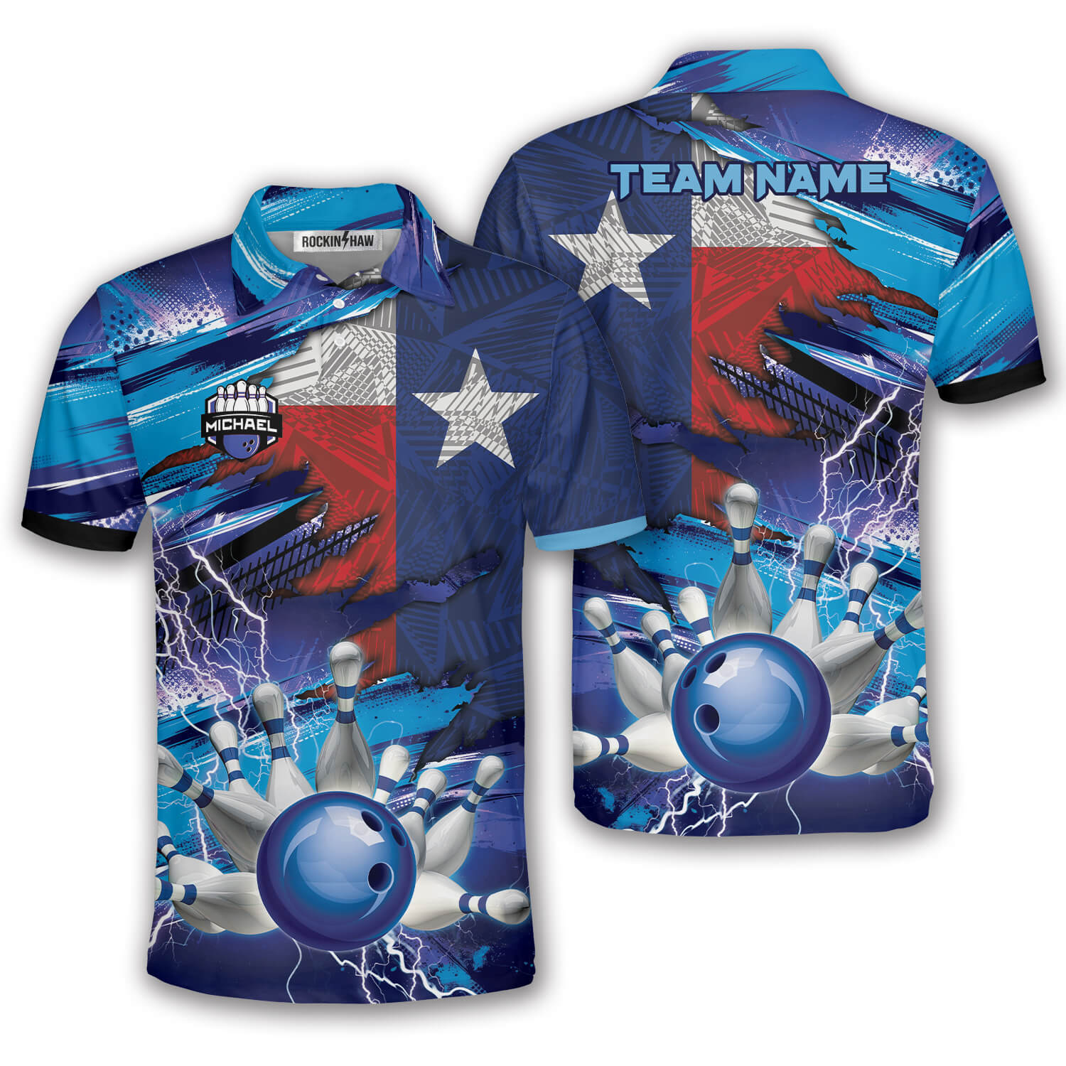 Texas Flag Blue Lightning Design Bowling Strike Custom Bowling Shirt #421PRM20260528 Mockup FB Texas Flag Blue Lightning Design Bowling Strike Custom Bowling Shirt - Image 1