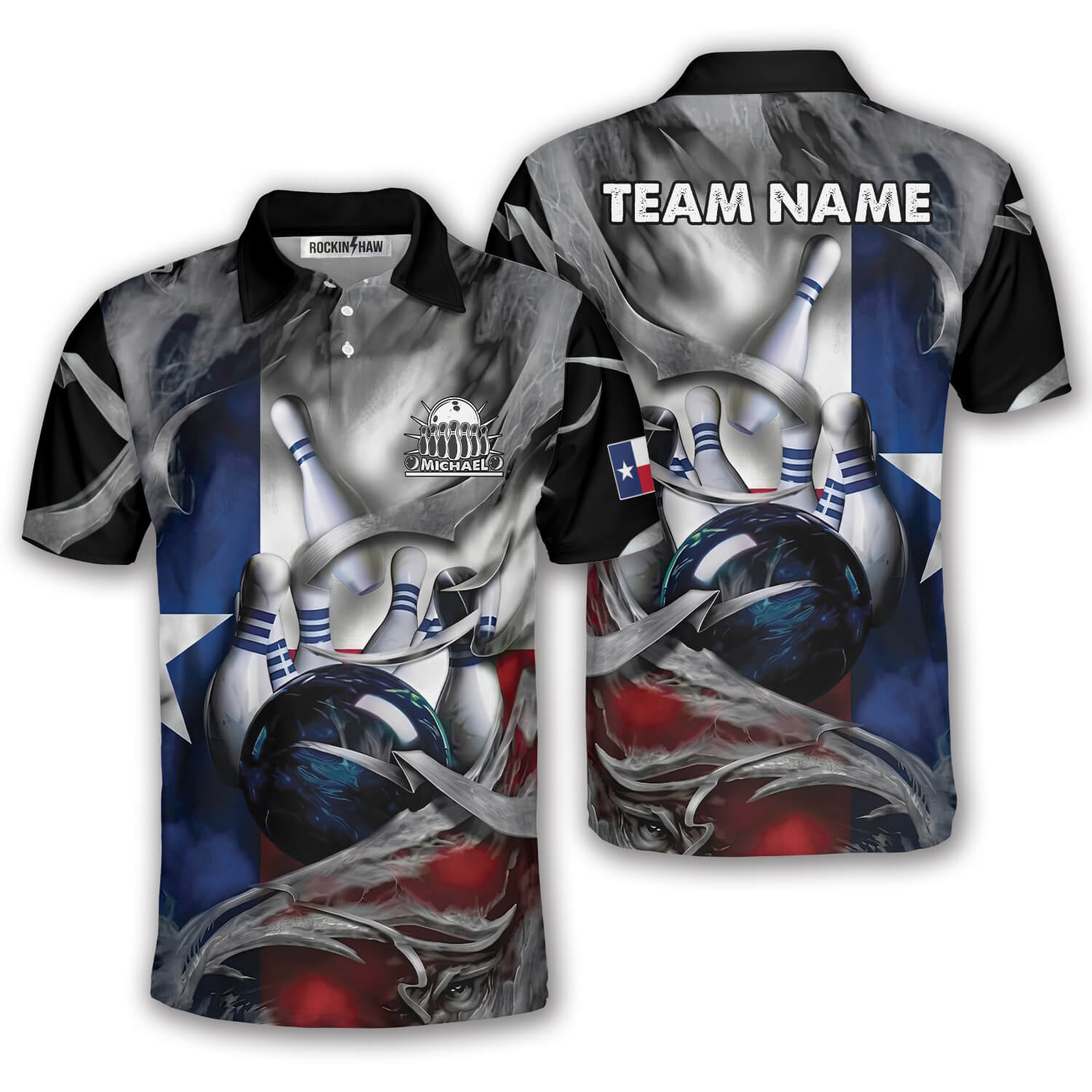 Texas Flag Gray Smoke Blue Bowling Strike Custom Bowling Shirt #426PRM20260528 Mockup FB Texas Flag Gray Smoke Blue Bowling Strike Custom Bowling Shirt - Image 1