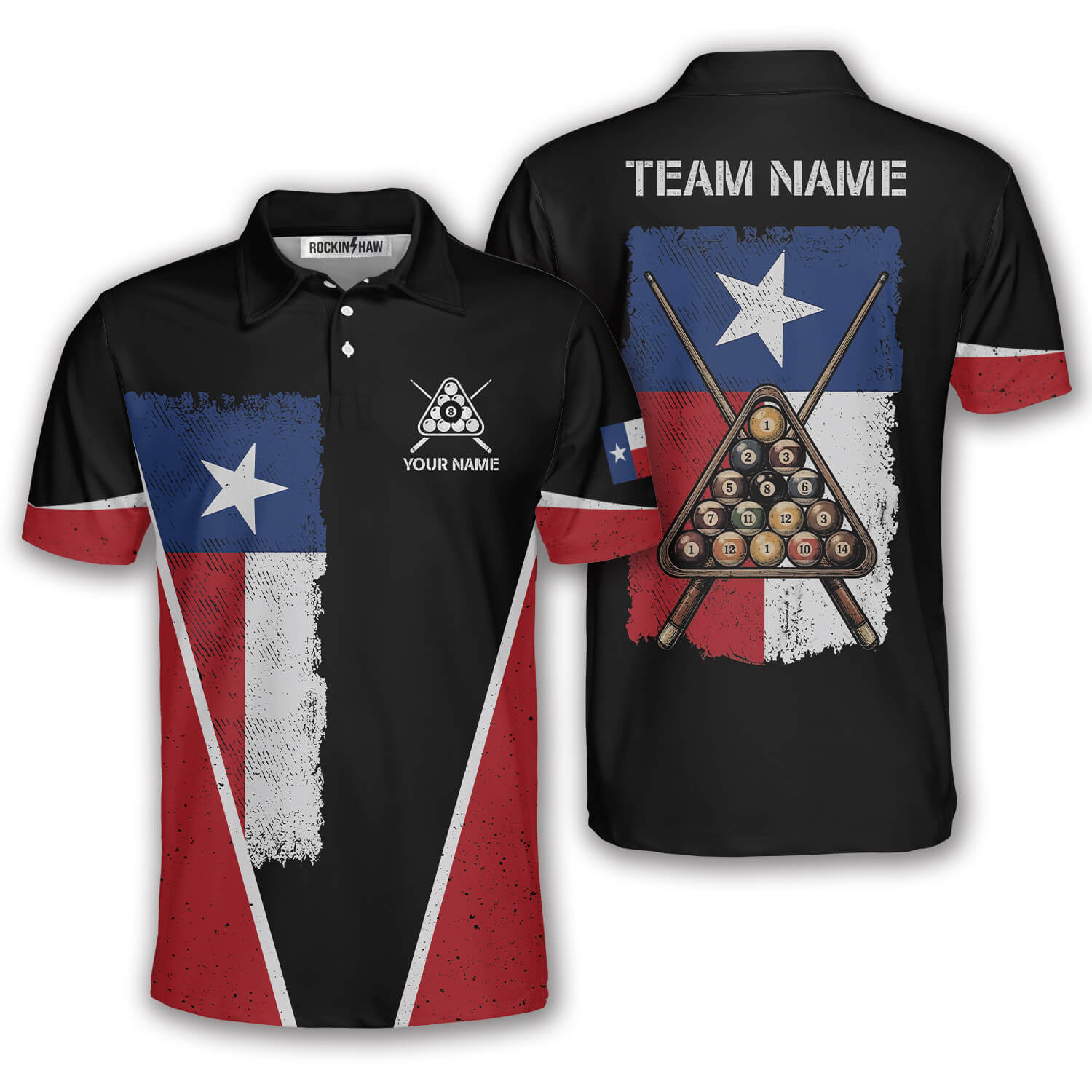Texas Grunge Flag Red Black Billiards Custom Pool Shirt #446PRM20260604 Mockup FB Texas Grunge Flag Red Black Billiards Custom Pool Shirt - Image 1