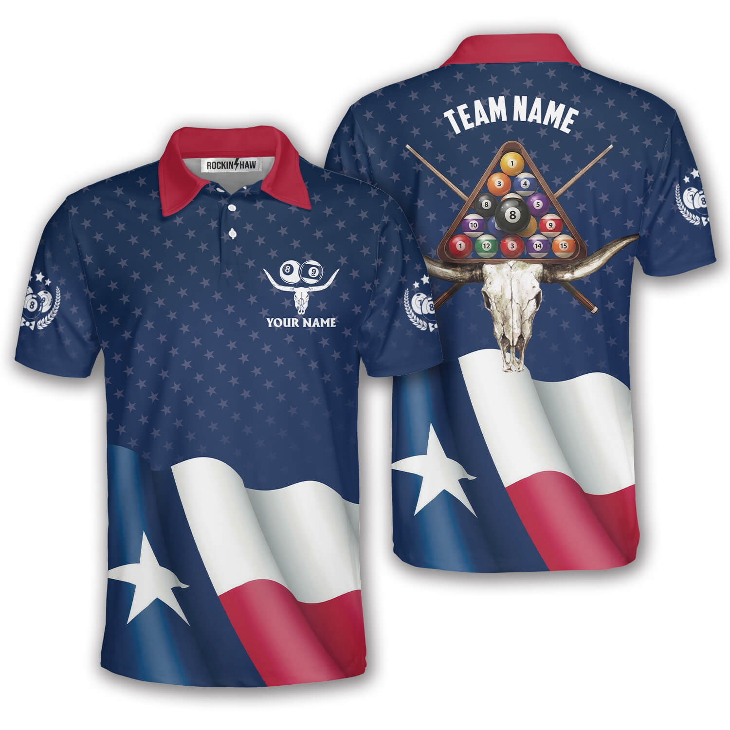 Texas Long Horn Waving Flag Billiards Custom Pool Shirt #445PRM20260604 Mockup FB Texas Long Horn Waving Flag Billiards Custom Pool Shirt - Image 1