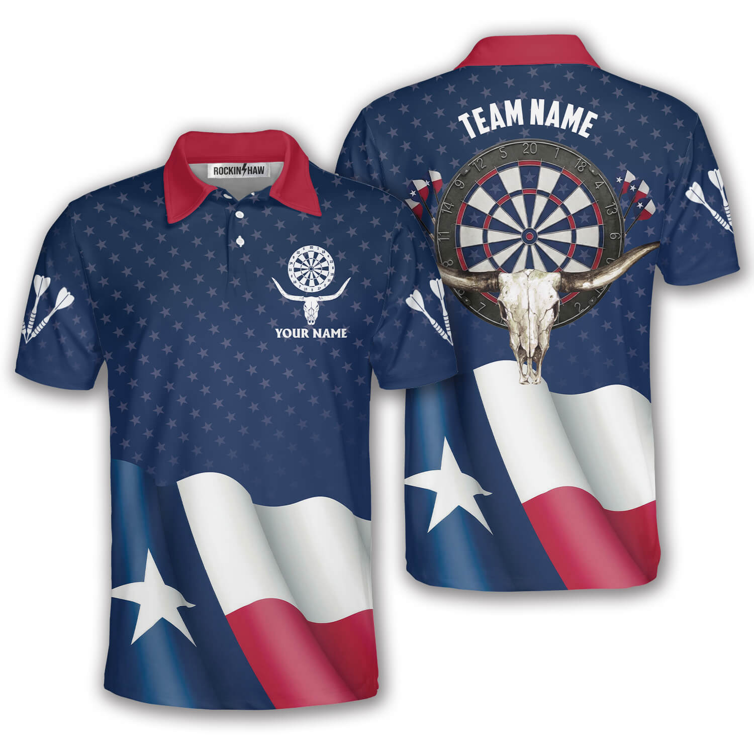 Texas Long Horn Waving Flag Custom Darts Shirt #435PRM20260601 Mockup FB Texas Long Horn Waving Flag Custom Darts Shirt - Image 1