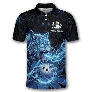 Angry Werewolf Holding Bowling Ball Blue Flaming Custom Bowling Shirt - Image 3