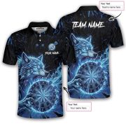 Angry Werewolf Holding Dartboard Ball Blue Flaming Custom Darts Shirt - Image 5
