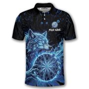 Angry Werewolf Holding Dartboard Ball Blue Flaming Custom Darts Shirt - Image 3