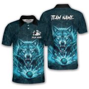 Angry Wolf Blue Flaming Custom Bowling Shirt