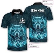 Angry Wolf Blue Flaming Custom Bowling Shirt - Image 5