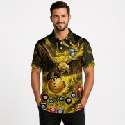 Yellow Fire Flame Bald Eagle Holding 8 Ball Billiards Custom Pool Shirt - Image 2